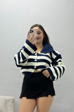 Kadın Polo Yaka Çizgili Hırka Lacivert