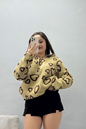 Kadın Yarım Fermuarlı Peluş Sweat Vizonkahve