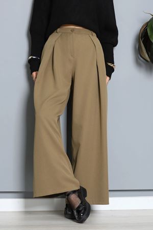 Kadın Dabıl Yüksek Bel Pileli Geniş Paça Pantolon Haki