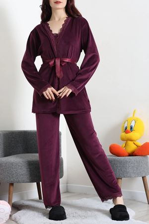 Kadın Fransız Kadife 3'Lü Pijama Seti Mor