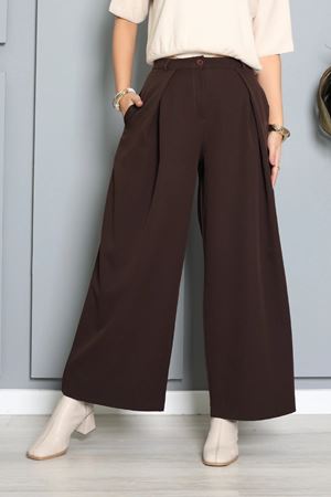 Kadın Dabıl Yüksek Bel Pileli Geniş Paça Pantolon Açık Kahve
