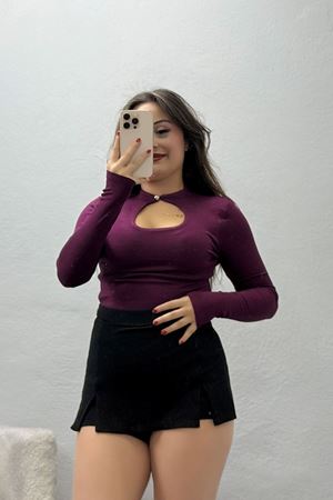 Buzzy Dik Yaka Pencere Detaylı Kadın Bluz Mürdüm