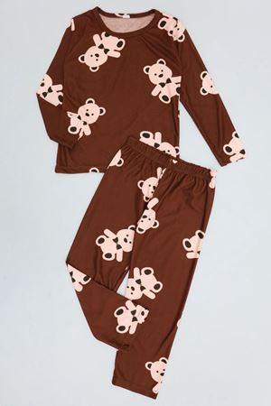 5-12 Yaş Süet Çocuk Pijama Takımı Kahve