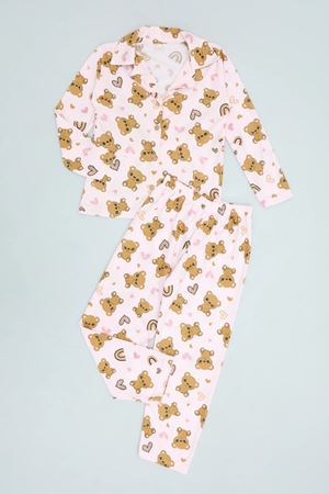 5-12 Yaş Baskılı Süet Düğmeli Çocuk Pijama Takımı Pudra