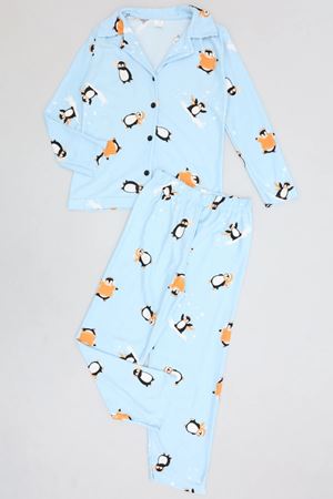5-12 Yaş Baskılı Süet Düğmeli Çocuk Pijama Takımı Bebemavi