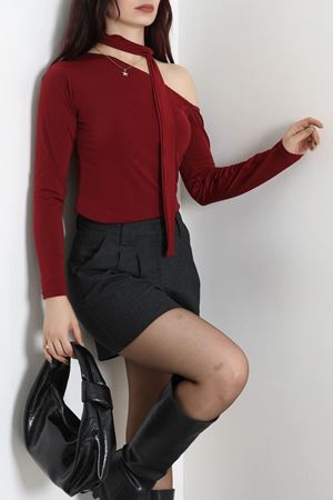 Kadın Fularlı Asimetrik Yaka Sandy Bluz Bordo