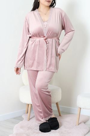 Kadın Fransız Kadife Büyük Beden 3'Lü Pijama Seti Pudra
