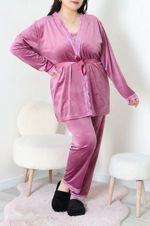 Kadın Fransız Kadife Büyük Beden 3'Lü Pijama Seti Gül Kurusu
