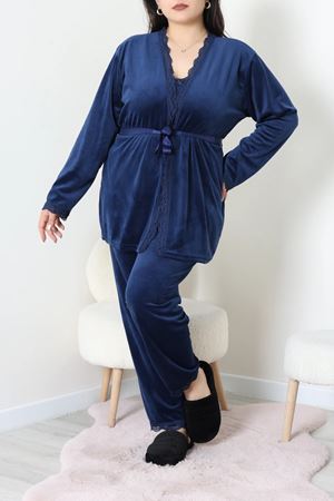 Kadın Fransız Kadife Büyük Beden 3'Lü Pijama Seti Lacivert