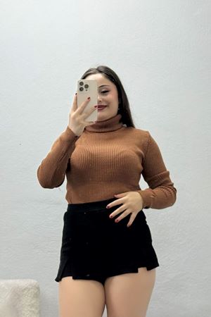 Kadın Balıkçı Yaka Parmak Geçmeli Triko Body Caramel