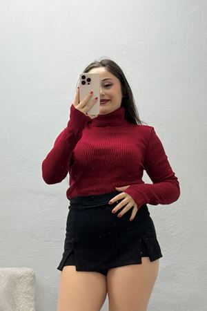 Kadın Balıkçı Yaka Parmak Geçmeli Triko Body Açıkbordo