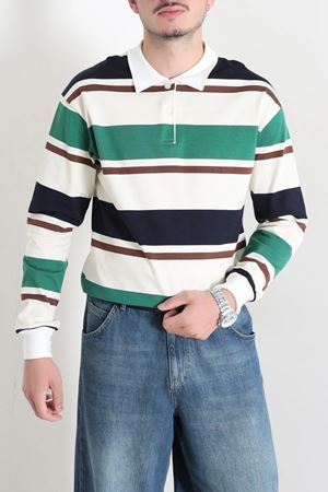 Polo Yaka Çizgili İnterlok Erkek Sweat Yeşilbeyaz