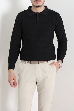 Düğmeli Polo Yaka Erkek Triko Sweat Siyah