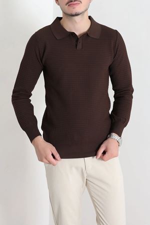 Düğmeli Polo Yaka Erkek Triko Sweat Kahve