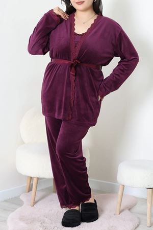 Kadın Fransız Kadife Büyük Beden 3'Lü Pijama Seti Mor