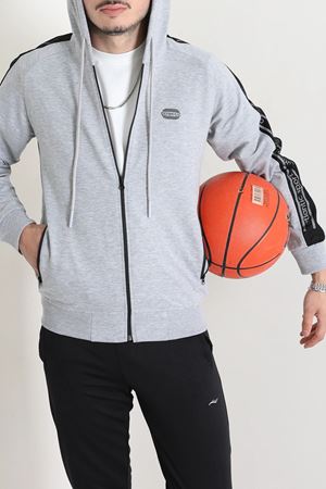 Kapüşonlu Şeritli Fermuarlı 2 İplik Erkek Sweatshirt Gri