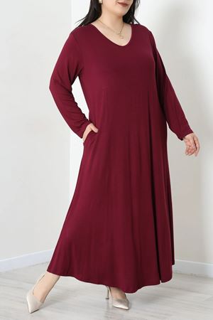 Kadın V Yaka Büyük Beden Örme Viskon Elbise Mürdüm