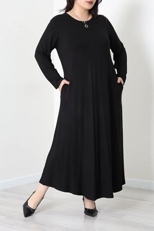 Kadın Bisiklet Yaka Büyük Beden Örme Viskon Elbise Siyah