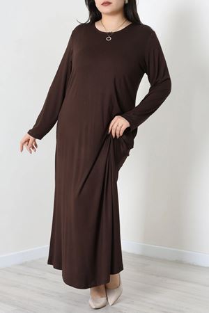 Kadın Bisiklet Yaka Büyük Beden Örme Viskon Elbise Açık Kahve