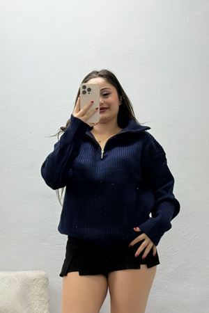 Kadın Dik Yaka Fermuarlı Triko Kazak Lacivert