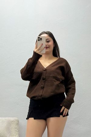 Kadın V Yaka Düğmeli Triko Hırka Kahve