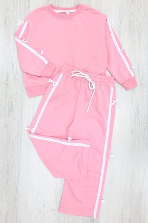 Şeritli Fiyonklu 2 İplik Çocuk Takım Pembe