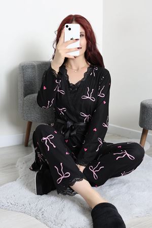 Kadın Süet 3'Lü Pijama Set Siyahkurdele