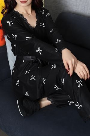 Kadın Süet 3'Lü Pijama Set Siyah