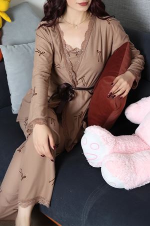 Kadın Süet 3'Lü Pijama Set Bejkahve