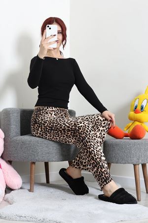 Kadın Desenli Süet Pijama Altı Leopar
