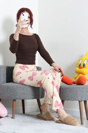 Kadın Desenli Süet Pijama Altı Bej
