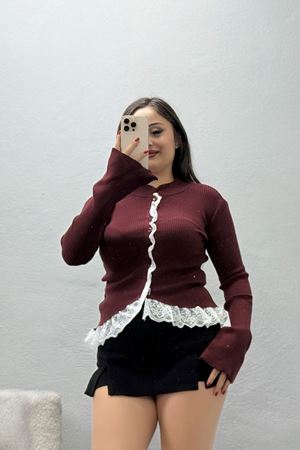 Kadın Dantel Detaylı Triko Hırka Bordo Model TV-95878