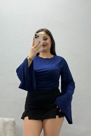 Kadın Uzun Yarasa Kol Viskon Bluz Lacivert