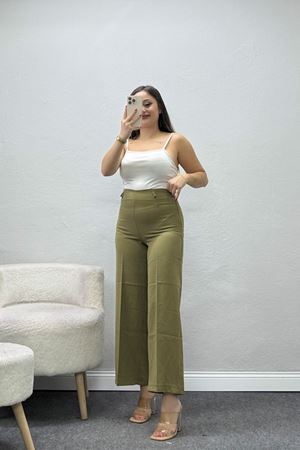 Kadın Dabıl Yüksek Bel Geniş Paça Pantolon Haki