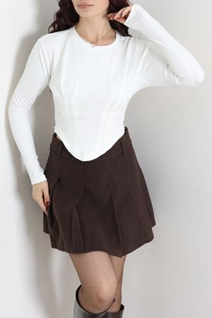 Kadın Pileli Modal Crop Bluz Ekru