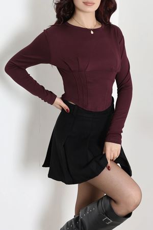 Kadın Pileli Modal Crop Bluz Mürdüm