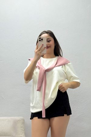 Kadın Şal Aksesuarlı Modal Kumaş Tişört Pembe