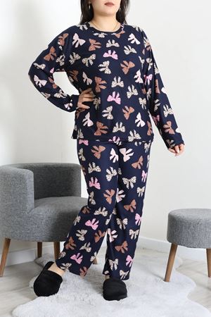 Kadın Süet Büyük Beden Alt Üst Aynı Pijama Takımı Lacivertkurdele