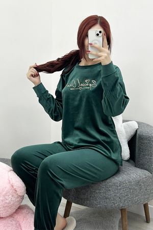 Kadın Fransız Kadife Pijama Takımı Zümrüt