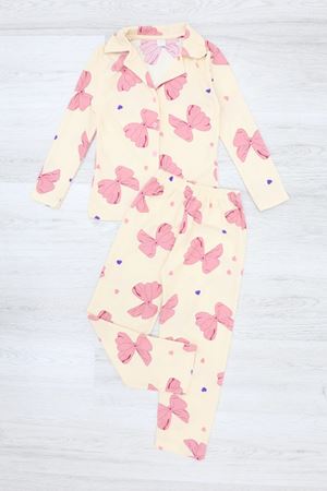 5-12 Yaş Baskılı Süet Düğmeli Çocuk Pijama Takımı Bej