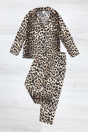 5-12 Yaş Baskılı Süet Düğmeli Çocuk Pijama Takımı Leopar