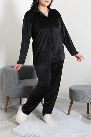 Kadın Fransız Kadife Büyük Beden Düğmeli Pijama Takımı Siyah