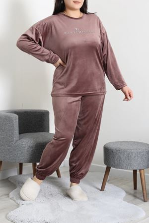 Kadın Fransız Kadife Büyük Beden Pijama Takımı Kahve