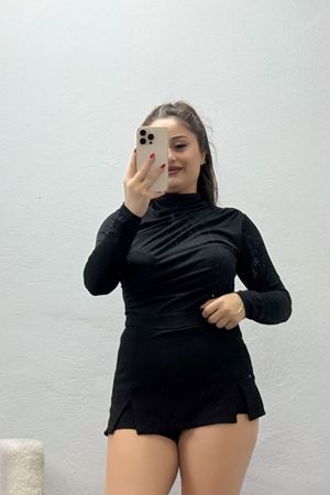 Kadın Drapeli Dik Yaka Sandy Bluz Siyah