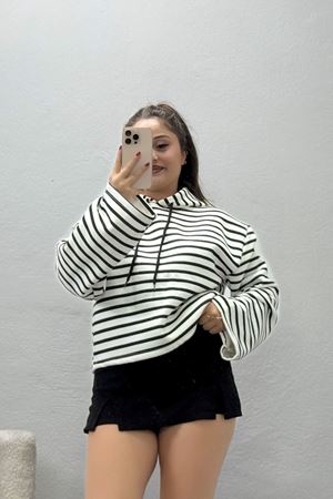 Kadın Çizgili İnterlok Sweat Ekrusiyah