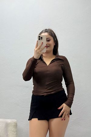 Kadın Polo Yaka Fermuarlı Uzun Kol Bluz Kahve