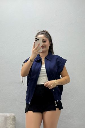 Kadın Likralı Cepli Dokuma Yelek Lacivert
