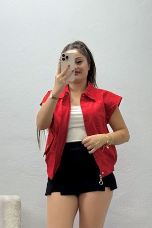 Kadın Likralı Cepli Dokuma Yelek Kırmızı