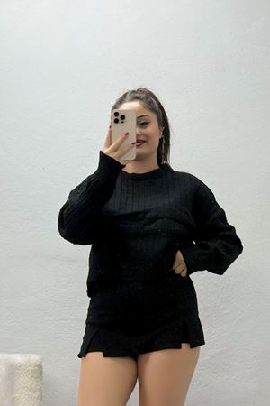 Kadın Fitilli Crop Triko Kazak Siyah