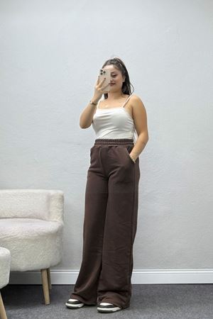 Kadın 3 İplik Şardonsuz Bol Paça Model Eşofman Altı Kahve